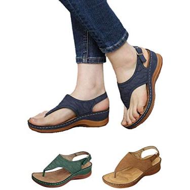 Imagem de Sandálias de verão para mulheres, sandálias femininas casuais de bico aberto com tira no tornozelo e tira no tornozelo, sandálias femininas bordadas de praia com clipe de dedo do pé azul