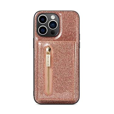 Imagem de LVCRFT Capa para iPhone 14/14 Plus/14 Pro/14 Pro Max, capa de telefone com zíper de couro PU, capa carteira com glitter, com compartimentos para cartões, capa flip magnética, ouro rosa, 14 Pro Max 6,7 polegadas