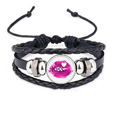 Imagem de Pulseira de couro trançado Kiss Love Dia dos Namorados Rosa