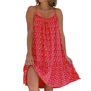 Imagem de YECDET Vestido Camisete com Estampa Floral, Vestido Feminino de Verão Solto Sem Manga Praia Mini Vestido Cami (Vermelho, M)
