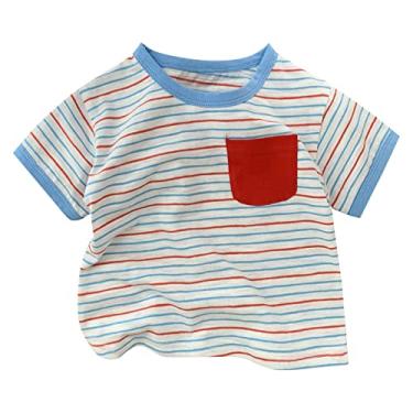 Imagem de Camiseta feminina de verão com cores contrastantes listradas, bolso no peito para meninos casual ao ar livre para 0 a 6 anos, camiseta bebê menino menina (vermelha, 3 a 6 meses)