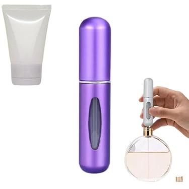 Imagem de Mini Spray Porta Perfume 5ml Recarregável Para Viagem, Atomizador Porta Perfume Portátil + Bisnaga Plástica 30g e Tampa Flip Branca (Roxo Fosco)