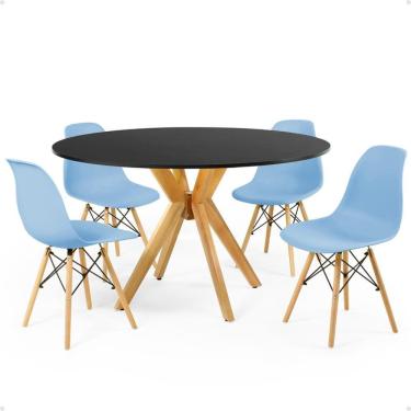 Imagem de Conjunto Mesa de Jantar Redonda Marci Preta 120cm com 4 Cadeiras Eames Eiffel - Azul Claro