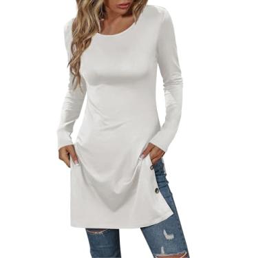 Imagem de Vestido feminino outono cor sólida manga longa slim fit decorado botão fenda vestido casual verão vestidos, Branco, GG