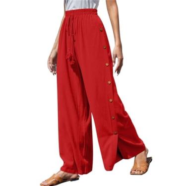 Imagem de Calça cargo feminina cor sólida cintura elástica com cadarço solto perna larga calça casual calça de moletom de perna reta com botão lateral calça de pára-quedas (Vermelho, 3G)