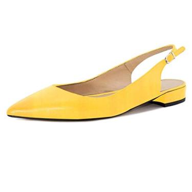 Imagem de Fericzot Sapatos femininos sensuais sandálias de bico fino salto baixo quadrado fivela Drees Flat Shoes Plus Size, Amarelo - PU, 6