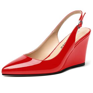Imagem de WAYDERNS Sapato feminino bico fino tira ajustável tira no tornozelo moda namoro fivela Slingback sólida patente cunha salto alto sapatos 3,3 polegadas, Vermelho, 5