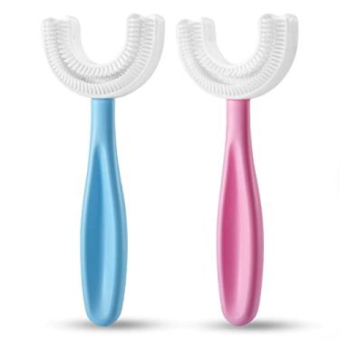 Imagem de Escova de dentes em forma de U infantil escova de dentes de grau alimentício cabeça de escova de silicone macio 360° boca inteira design de limpeza de dentes oral para crianças de 6 a 12 anos (azul rosa)