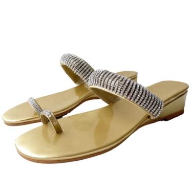 Imagem de Frankie Hsu Sandália anabela de luxo sexy, ouro pedra de salto baixo estilo grosso, moda de designer quente tamanho grande sapatos de strass para mulheres, Dourado, 19