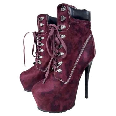 Imagem de Frankie Hsu Bota de salto alto plataforma sexy stiletto, clássica camuflada vermelha vinho camurça moda moderna chill boot, sapatos curtos de designer de tamanho grande para mulheres e homens,