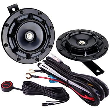 Imagem de AOLIHAN Buzina de trem super alta para caminhão, trem, barco, buzinas elétricas a ar, kit de buzina dupla à prova d'água de 12 V (buzina preta com fio e botão)