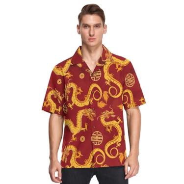 Imagem de Camisas masculinas havaianas de manga curta com enfeite chinês oriental dourado dragões vermelhos camisetas esportivas de vestir para, Ornamento chinês oriental dourado dragões vermelhos, XXG