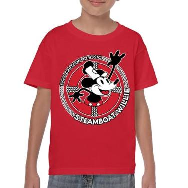Imagem de Camiseta juvenil Steamboat Willie Life Preserver engraçada clássica desenho animado praia Vibe Mouse in a Lifebuoy Silly Retro Kids, Vermelho, M