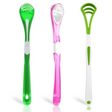 Imagem de Raspador de língua para adultos e crianças, limpador de língua para higiene bucal, escova de silicone dupla face, raspadores orais para reduzir o mau hálito (pacote com 3)
