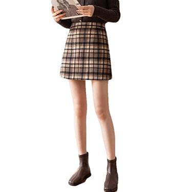 Imagem de ERTYUIO Saia plissada curta de lã xadrez feminina retrô tamanho grande saia quadril saia fina cintura alta saia curta saia evasê