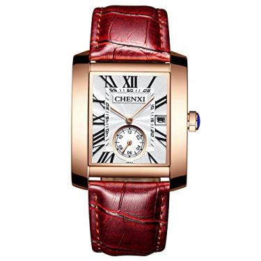 Imagem de Lancardo Relógio masculino retrô quadrado, quartzo, calendário, couro, relógio de pulso independente, vestido de segundo mostrador para homens, preto, azul, marrom, Mostrador branco com pulseira