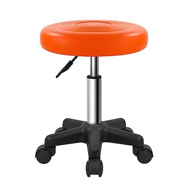 Imagem de FURWOO Banqueta redonda giratória com rodas de couro PU com altura ajustável para salão de spa, massagem laranja