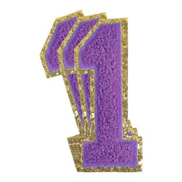 Imagem de 3 peças de remendos de número de chenille roxo glitter ferro em remendos de letras universitárias remendos bordados de chenille costurar em remendos para roupas chapéu bolsas jaquetas camisa (roxo, 1)