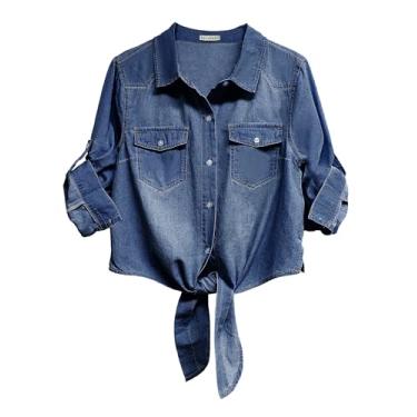 Imagem de luvamia Blusa jeans feminina moderna abotoada na frente blusa jeans manga 3/4 jeans cambraia cardigã cropped, Azul-escuro, P