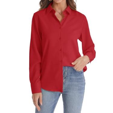 Imagem de J.VER Camisa feminina de botão, manga comprida, sem rugas, de chiffon, lisa, leve, blusa de trabalho, Vermelho, XXG