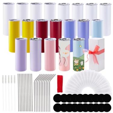 Imagem de 20 copos de sublimação de 590 ml com tampas e canudos, copos finos de sublimação de aço inoxidável multicoloridos para prensa térmica com garrafas de água para café gelado
