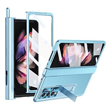 Imagem de GOUHGKH Capa Z Fold 4 para Samsung Galaxy Z Fold 4 5G, 4 em 1 com dobradiça magnética de couro de luxo com suporte integrado para caneta S e proteção da câmera (azul)