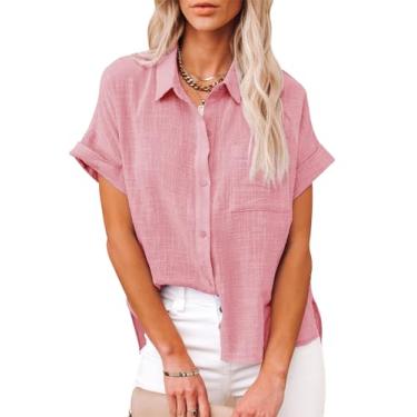 Imagem de Camisetas femininas de algodão, manga curta, verão, gola V, linho, praia, casual, com bolso no peito, B_rosa, P