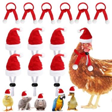 Imagem de KIMOBER Conjunto de 12 peças de cachecol de chapéu de galinha de Natal vermelho para animais pequenos e mini chapéu de Papai Noel com alça de queixo ajustável para pato, galinha, hamster, coelho,
