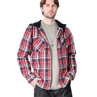 Imagem de Miaikvs Camisa masculina xadrez de flanela manga longa casual leve jaquetas com capuz com botão, Vermelho, P