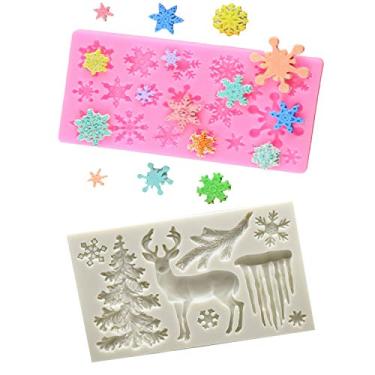 Imagem de Tvoip Molde de silicone com tema natalino, 2 peças, alce, floco de neve, veado, fondant, sobremesa, cubo de gelo, doces, molde de chocolate