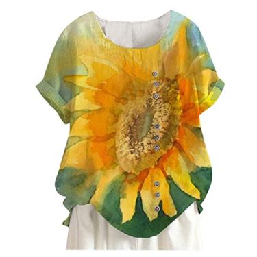Imagem de Camiseta feminina de linho, floral, estampada, gola redonda, botões, solta, confortável, túnica, camisa de férias de verão, Amarelo, G