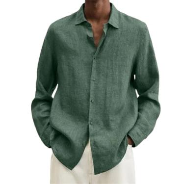 Imagem de Camisa masculina casual de linho de algodão lisa manga longa solta camiseta masculina primavera outono, Blackish En8, M