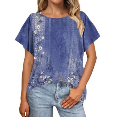 Imagem de Camiseta feminina floral gráfica manga curta blusa gola redonda ajuste solto camiseta casual confortável túnica camiseta verão, Azul, M