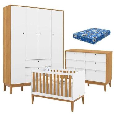 Imagem de Quarto de Bebe Unique 4 Portas com Cômoda 6 Gavetas Branco Soft Freijó Eco Wood e Colchão Ortobom - Matic
