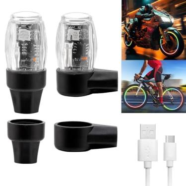 Imagem de YUERWOVER Pacote com 2 luzes de pneu para carro LED colorido luz de roda tampa da haste da válvula luz flash para caminhão, motocicleta, bicicleta, à prova d'água, recarregável, lâmpada de raio de