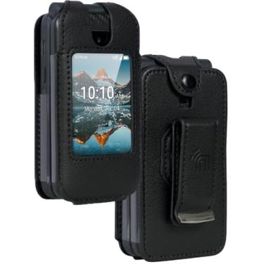 Imagem de Capa para celular Consumer Cellular Iris Easy Flip Phone/Boost Mobile Summit Flip 4G, capa Nakedcellphone [couro vegano preto] [proteção de tela embutida] e [clipe de cinto de metal] para SL006D