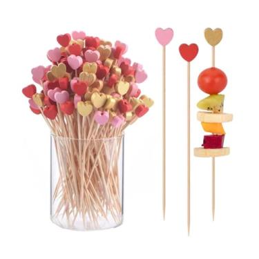 Imagem de 100 palitos de aperitivo, palitos de coquetel para decoração de festa, charcutaria, sanduíches, hambúrgueres, frutas, bebidas, palitos de espetos decorativos de 4,7 polegadas (coração)