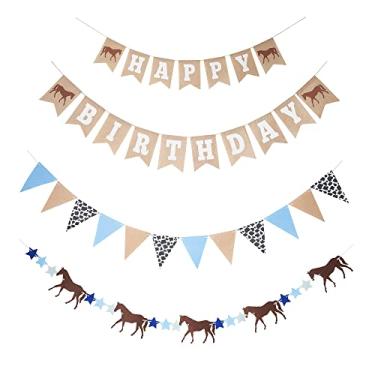 Imagem de Decorações de aniversário de cavalo – Faixa de juta de feliz aniversário – Guirlanda de cavalo de feltro e bandeira de flâmula – Decorações de festa ocidental – Artigos de festa de cavalo