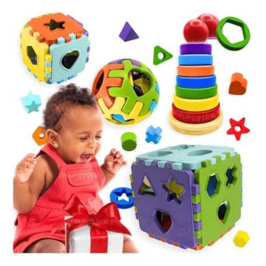 Imagem de Kit 4 brinquedos educativos para bebê 1 ano cubo de montar e encaixar sensorial pedagógico didático + torre de madeira com formas geométricas coloridas aprendizagem bebes 12 meses jogos recreativos