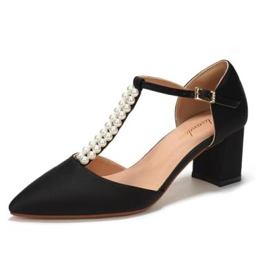 Imagem de Elivandon J1587 Sandália Feminina de Cetim Bico Fino Salto Médio 6cm Bloco Dupla Pérola Tira em T Noiva Festa Casamento Cor Preto,Tamanho BR 39/EU 41
