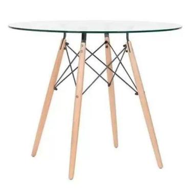 Imagem de Mesa Eames Eiffel Redonda Tampo de Vidro 90cm com base de Madeira - Ho