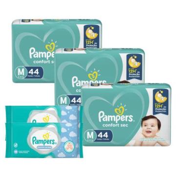 Imagem de Kit Pampers 3 Fraldas Confort Sec M com 132 Unidades + Toalhinhas Umed