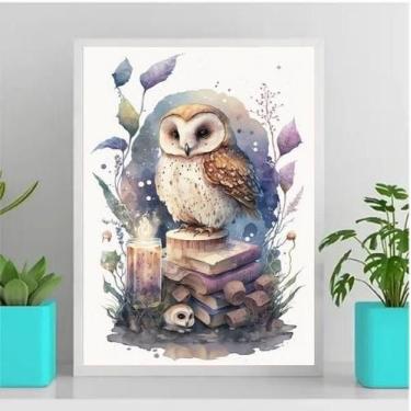 Imagem de Quadro Coruja Alquimista Aquarela 33x24cm - Moldura Branca - Quadros O