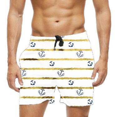 Imagem de Short Praia Shorts Banho Bermuda Verão Âncoras Listras Dourado Marinhe