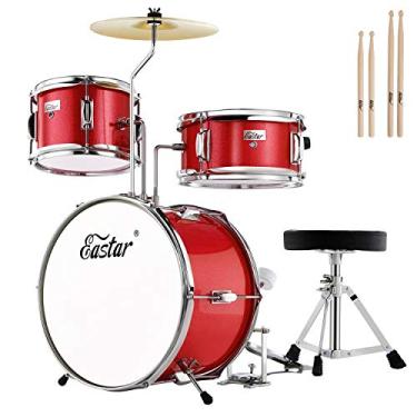 Imagem de Eastar Conjunto de bateria para crianças e iniciantes, kit de bateria de 3 peças de 35 cm com trono ajustável, prato, pedal e dois pares de baquetas, conjunto de bateria júnior com tarola de baixo
