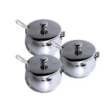 Imagem de Kit 3 Açucareiros Inox Luxo de Mesa Com Colher e Tampa Para Sua Cozinh
