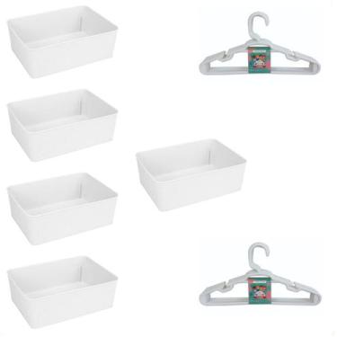 Imagem de Kit 5 Cestos Multiuso Decorativo e 10 Cabides Infantis Branco - 123 Or