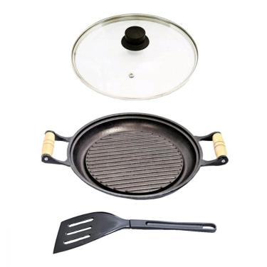 Imagem de Chapa Grill Redonda Antiaderente Alça T/V 23X23Cm E Espátula