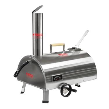 Imagem de Aursrenty Forno de pizza prateado ao ar livre 30,48 cm semi-automático giratório fornos de pizza portáteis de aço inoxidável forno de pizza a lenha máquina de pizza com termômetro embutido cortador de