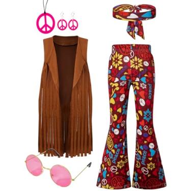 Imagem de LENSOUS Conjunto de Calça Hippie para Meninas, Crianças, 6-14 Anos, Vermelho